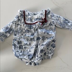 Edgehill Collection Blue and White Toile Romper with Red Trim